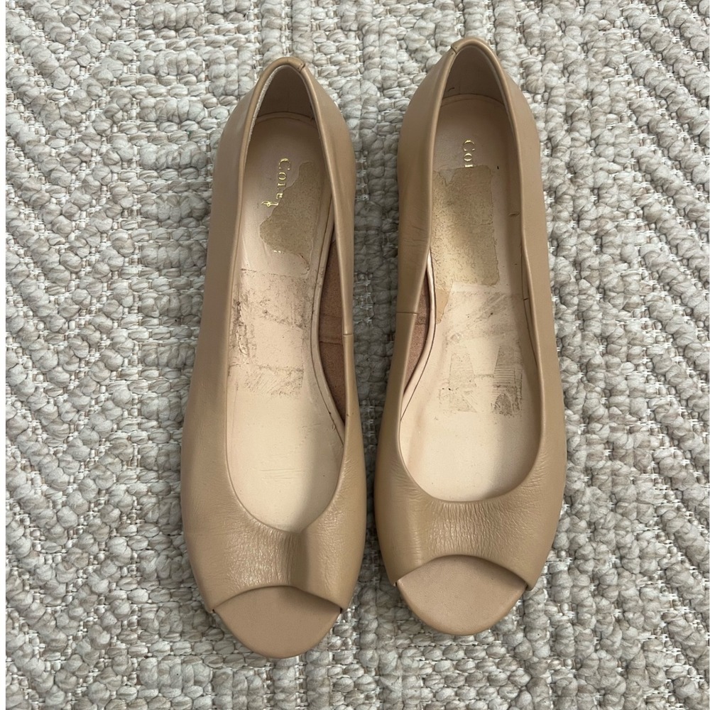 Cole Haan Tali Bow Peep Toe Wedge Beige Leather Flats D41757 Womens Size 8B